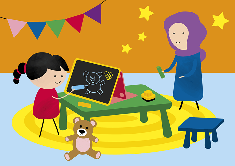 Illustration of a child drawing a teddy bear using the Kinder Kit chalk and activity case inside. Adult female wearing Hijab supervising child. 