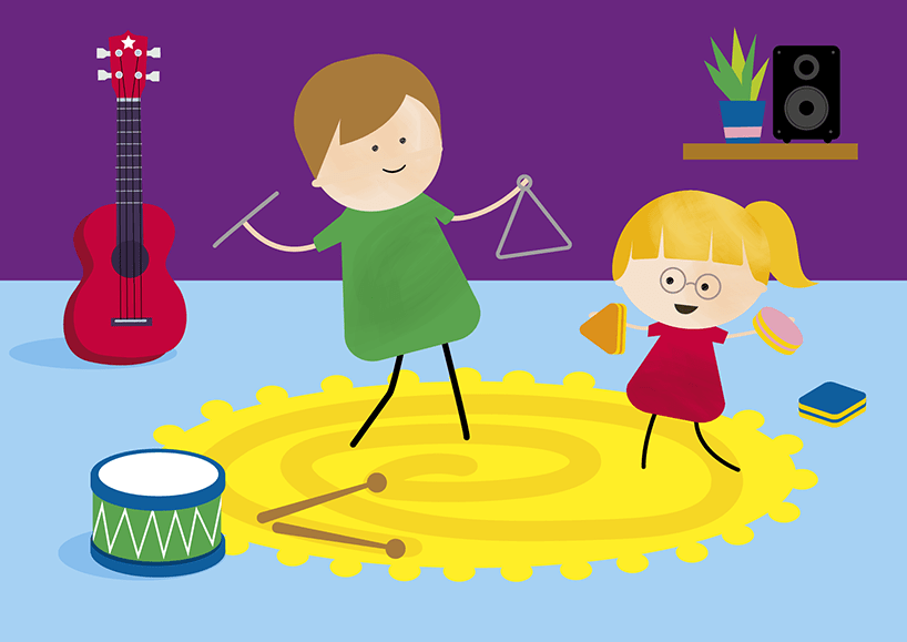 Illustration of adult and child inside, playing music. The adult is playing the triangle, and the child is using the Shape Shakers from the Kinder Kit. There is a guitar against the wall in the background and a snare drum on the floor in the foreground. 