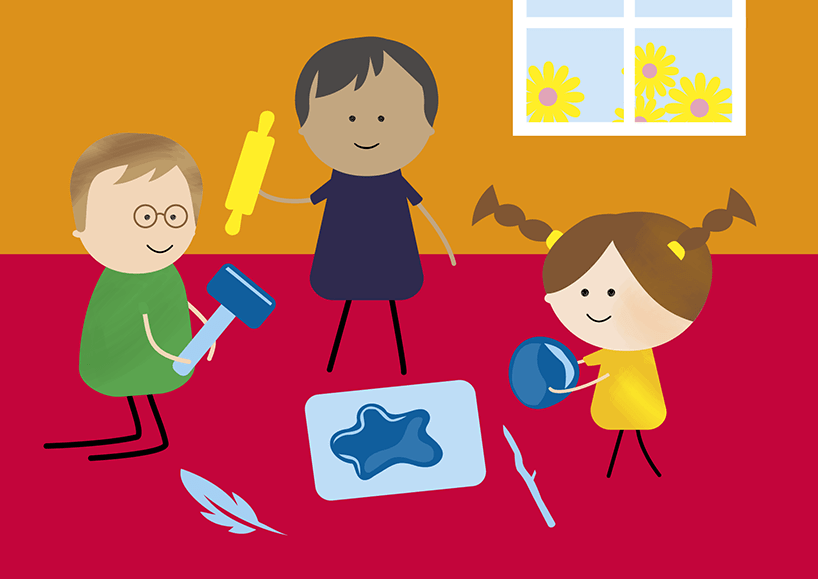 Illustration of a family of two adult males and a child playing with the Kinder Kit playdough. The child is holding a ball of playdough, one of the adults is holding a rolling pin and the other is holding a toy hammer. There is playdough on the activity mat and a feather on the floor beside the mat.