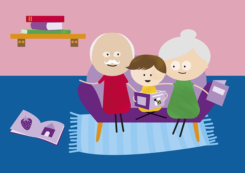 Illustration of a child looking at a book while sitting between their grandparents on a couch. 