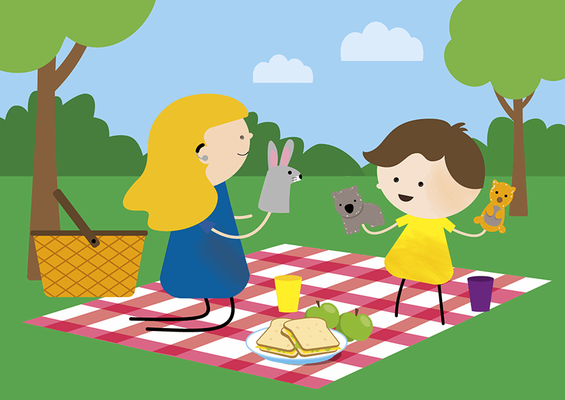 Illustration of adult and child outside, sitting on a picnic rug playing with Kinder Kit finger puppets.