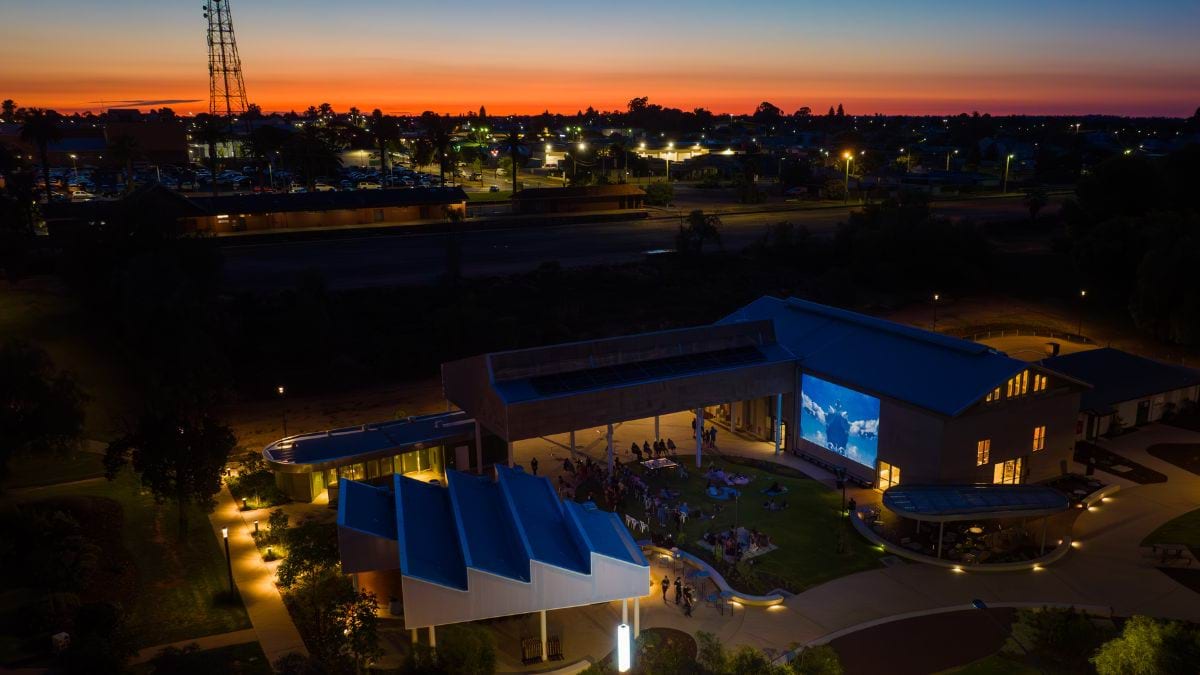 An aerial view of the crowd watching Yennaga Yettang launch. The video begins as the sunset in Mildura.