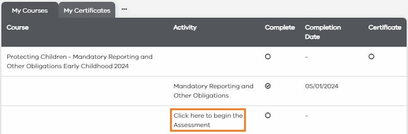 Protecting children early childhood assessment module via My Dashboard.