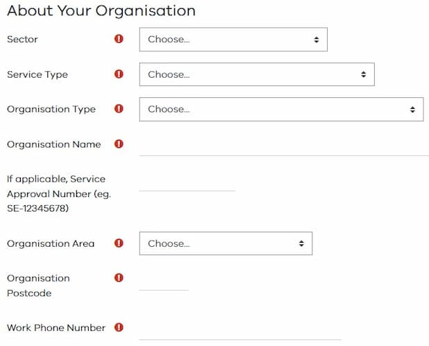 New account form with fields to provide information about your organisation.