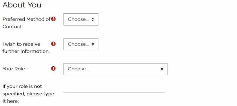 New account form with fields to select communication preferences and enter information about your role.