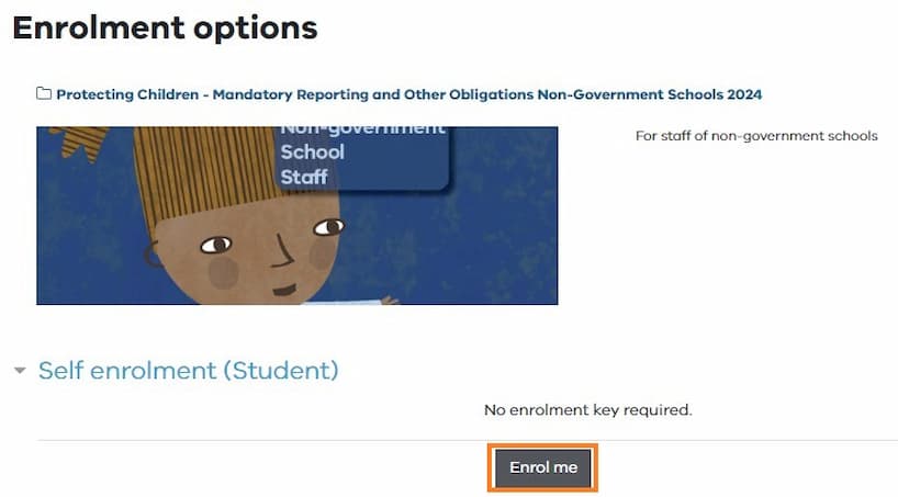 Protecting children non-government schools course enrolment options page with Enrol me button.