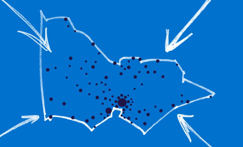 A map of Victoria on a blue background with dark dots on the map and arrows pointing towards it.