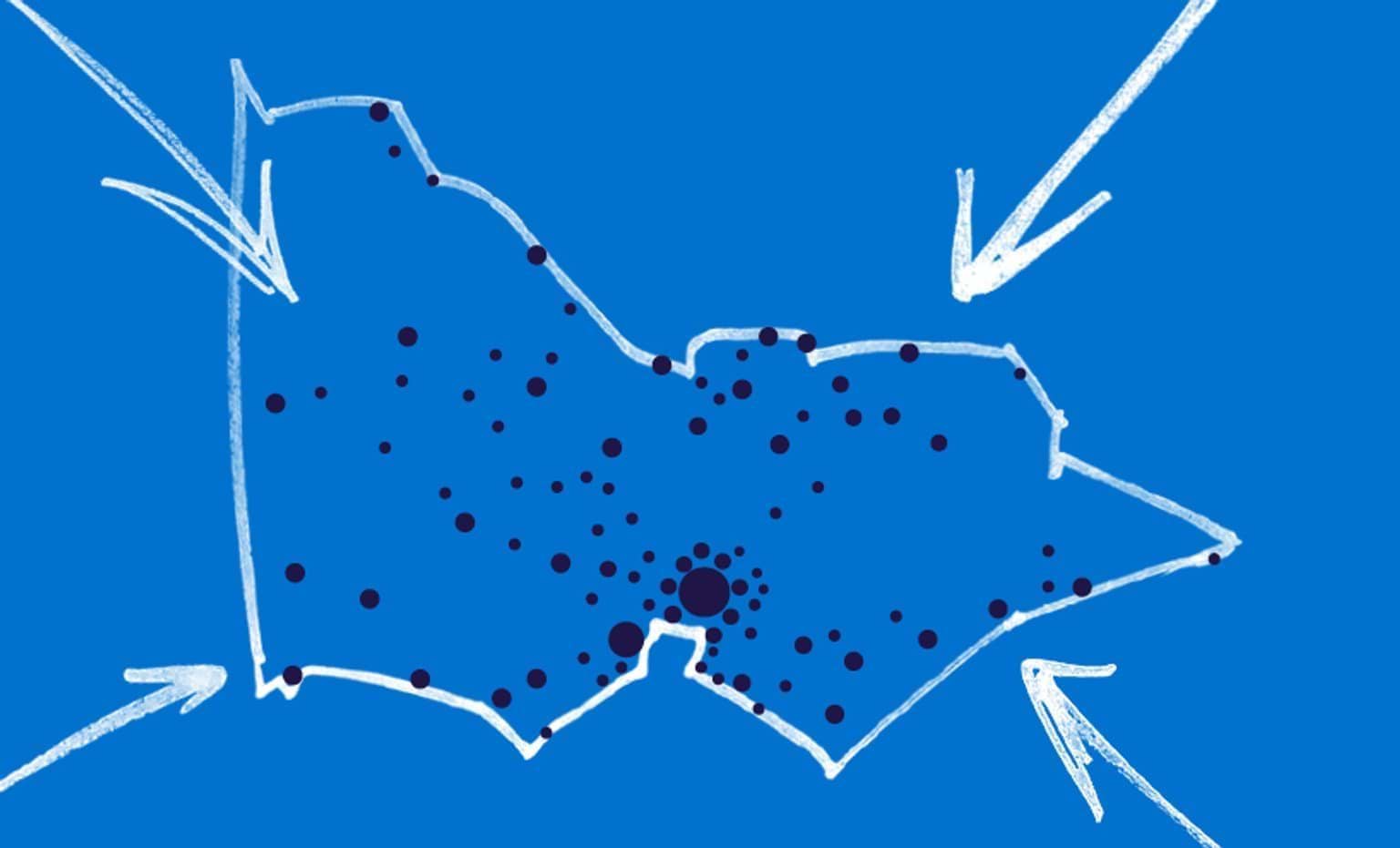 A map of Victoria on a blue background with dark dots on the map and arrows pointing towards it.