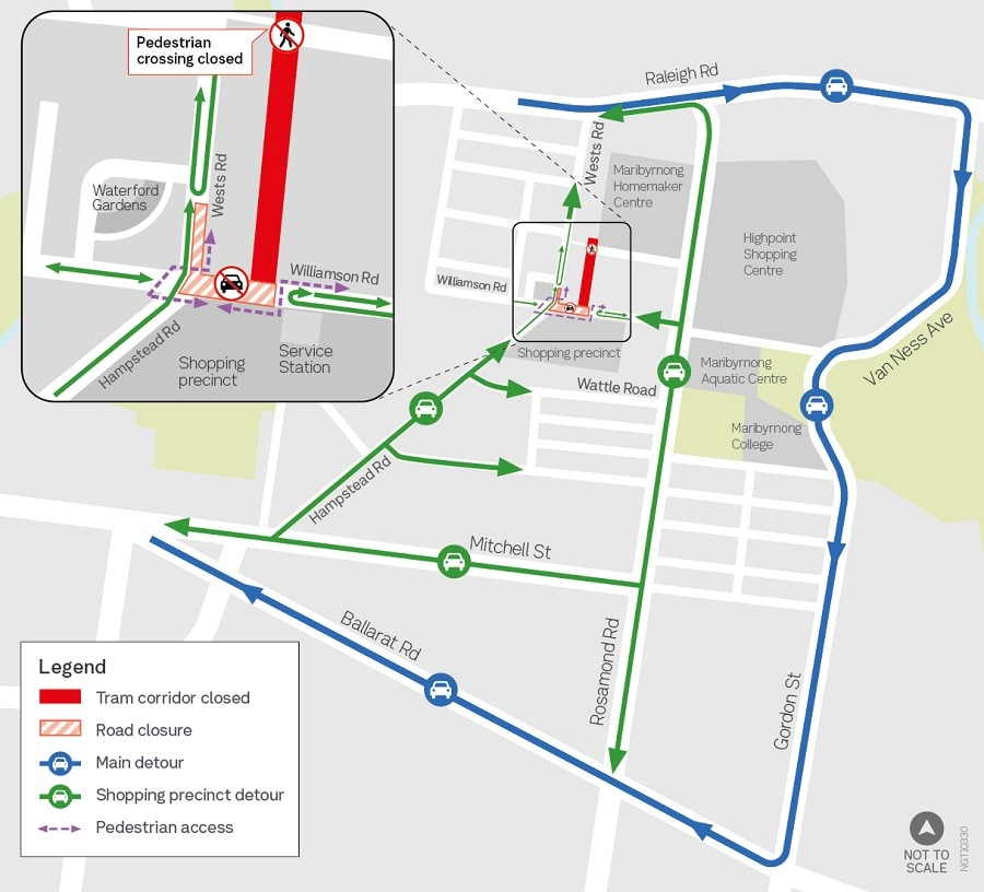 Image of detour map for vehicles when closing sections of Williamsons Road and Wests Road in Maidstone.ebruary 2024