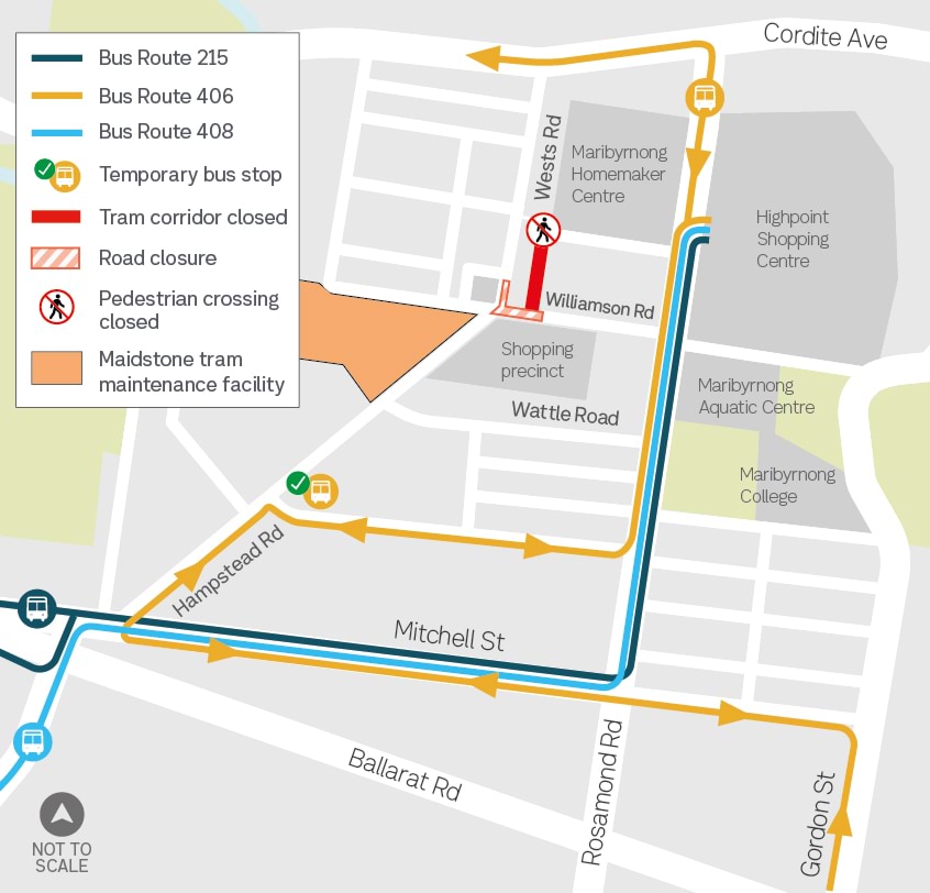 Image of detour map for buses when closing sections of Williamsons Road and Wests Road in Maidstone.ebruary 2024