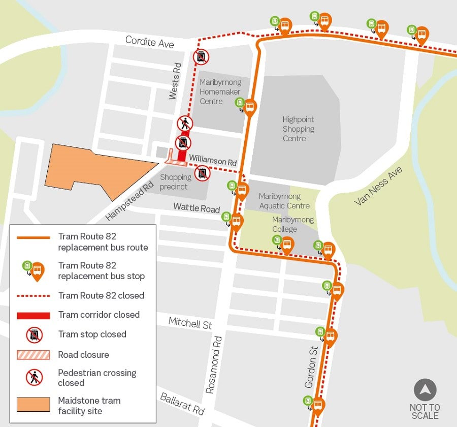 Image of detour map for trams when closing sections of Williamsons Road and Wests Road in Maidstone.ebruary 2024