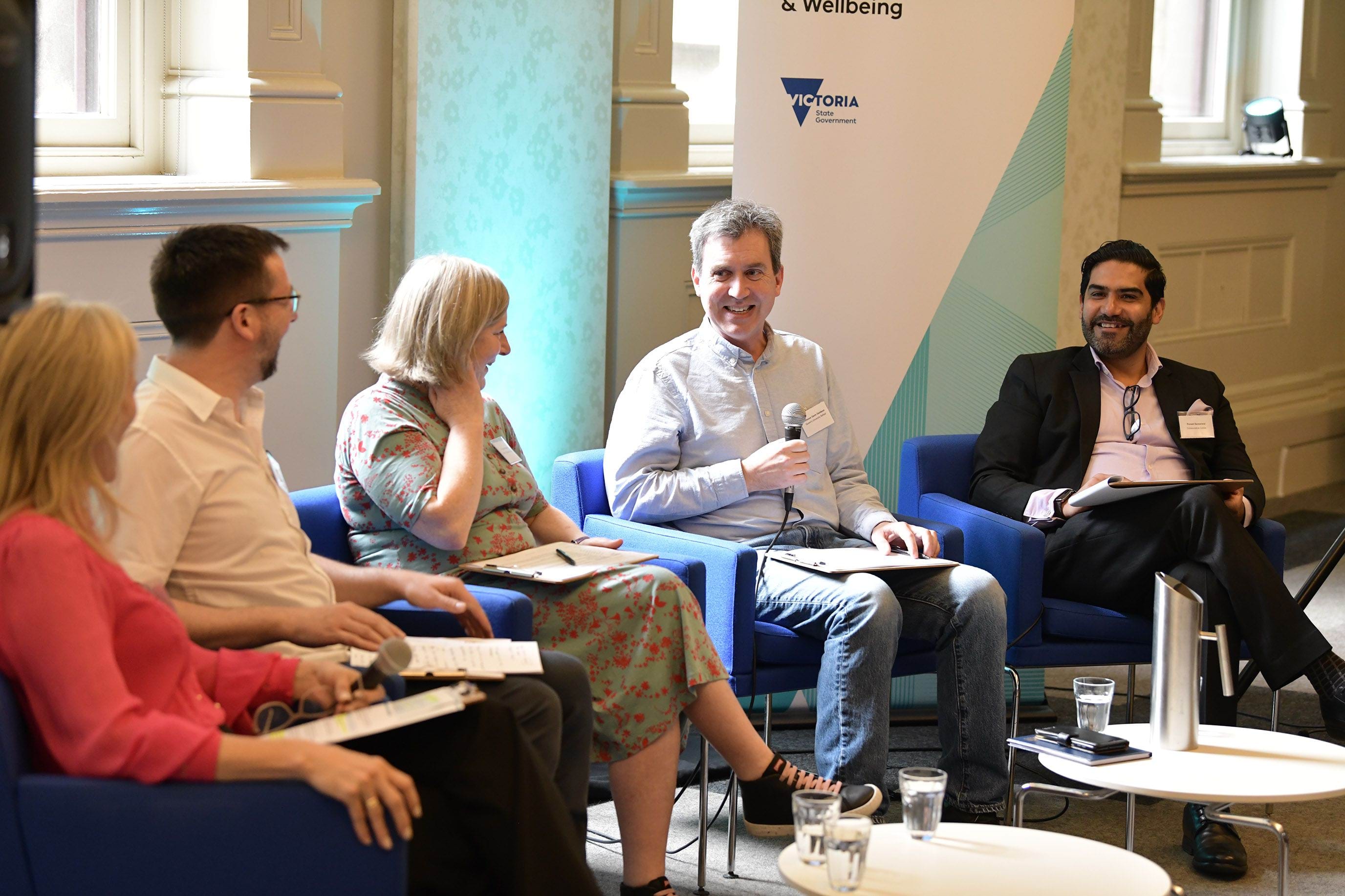 Image of recent panel event featuring from L-R, Co-CEO Professor Sarah Wilson, Dr Iain McDougall, Dr Claire McCartan, Professor Gavin Davidson, and LEAP member Puneet Sansanwal