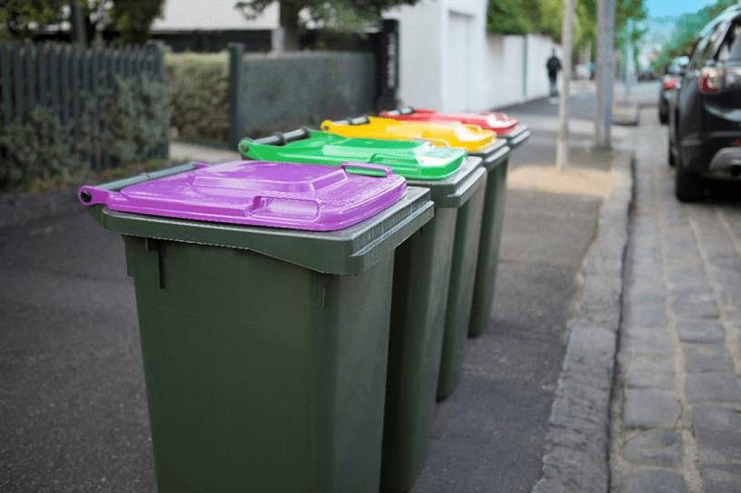 4 bin stream, purple, green, yellow and red bins