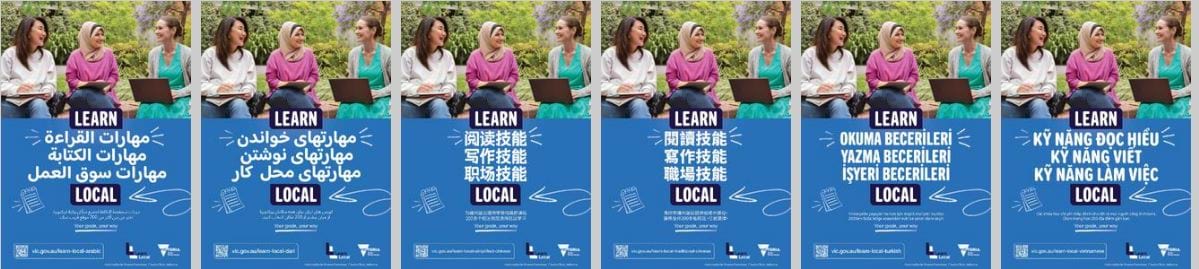 Six Learn Local posters in different languages with a photo of 3 students on each.