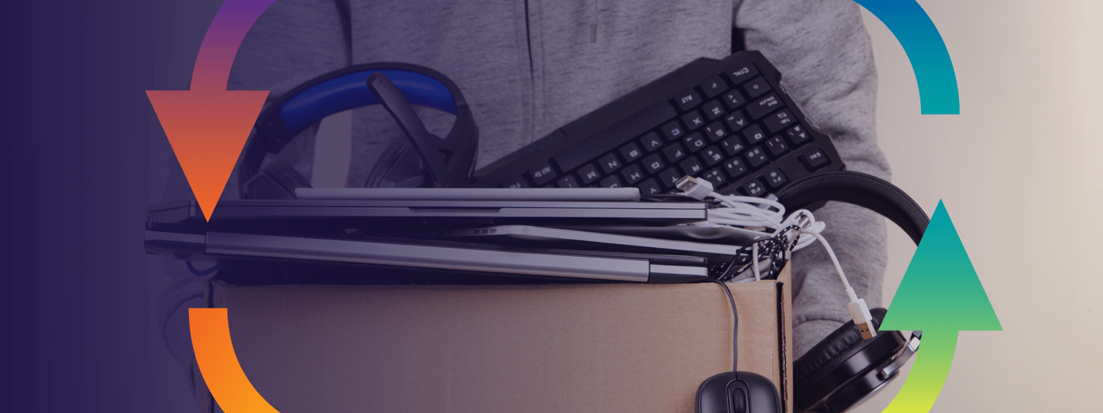 a box of computer accessories, Keyboard, headphones, charging cables