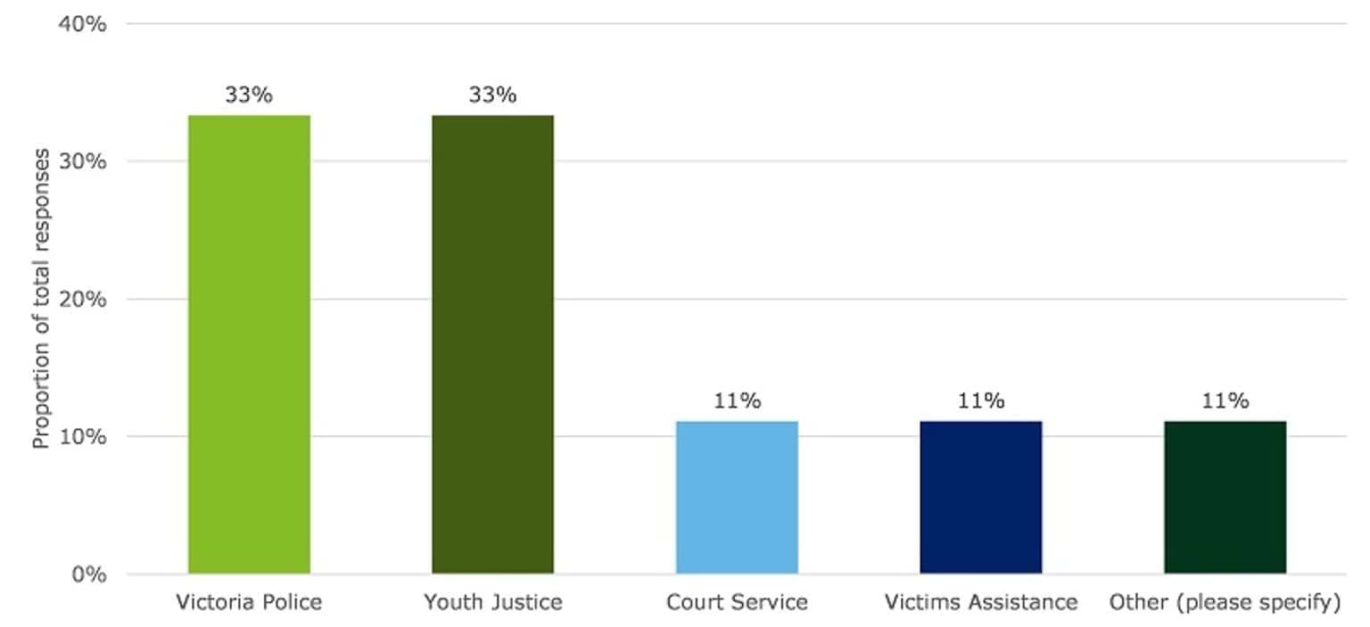 This chart shows the proportion of total responses that selected different categories to best describe the service their organisation/service provides. The most selected categories that best describes the respondents’ organisation/service were ‘Victoria Police’ and ‘Youth Justice’ (both 33 per cent).