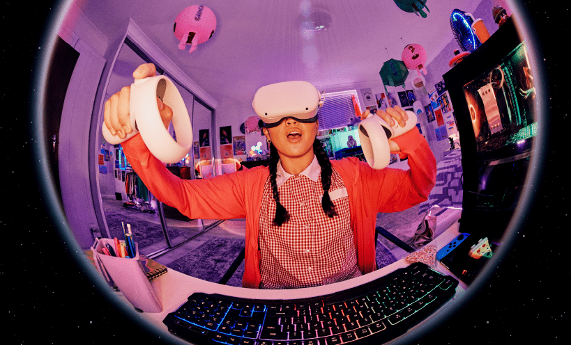 Teenage girl using 3D immersive head gear