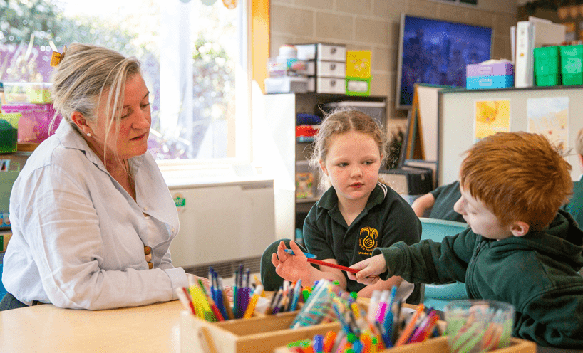 A female teacher talks to two children in green uniforms over a table with lots of colourful pens and pencils.