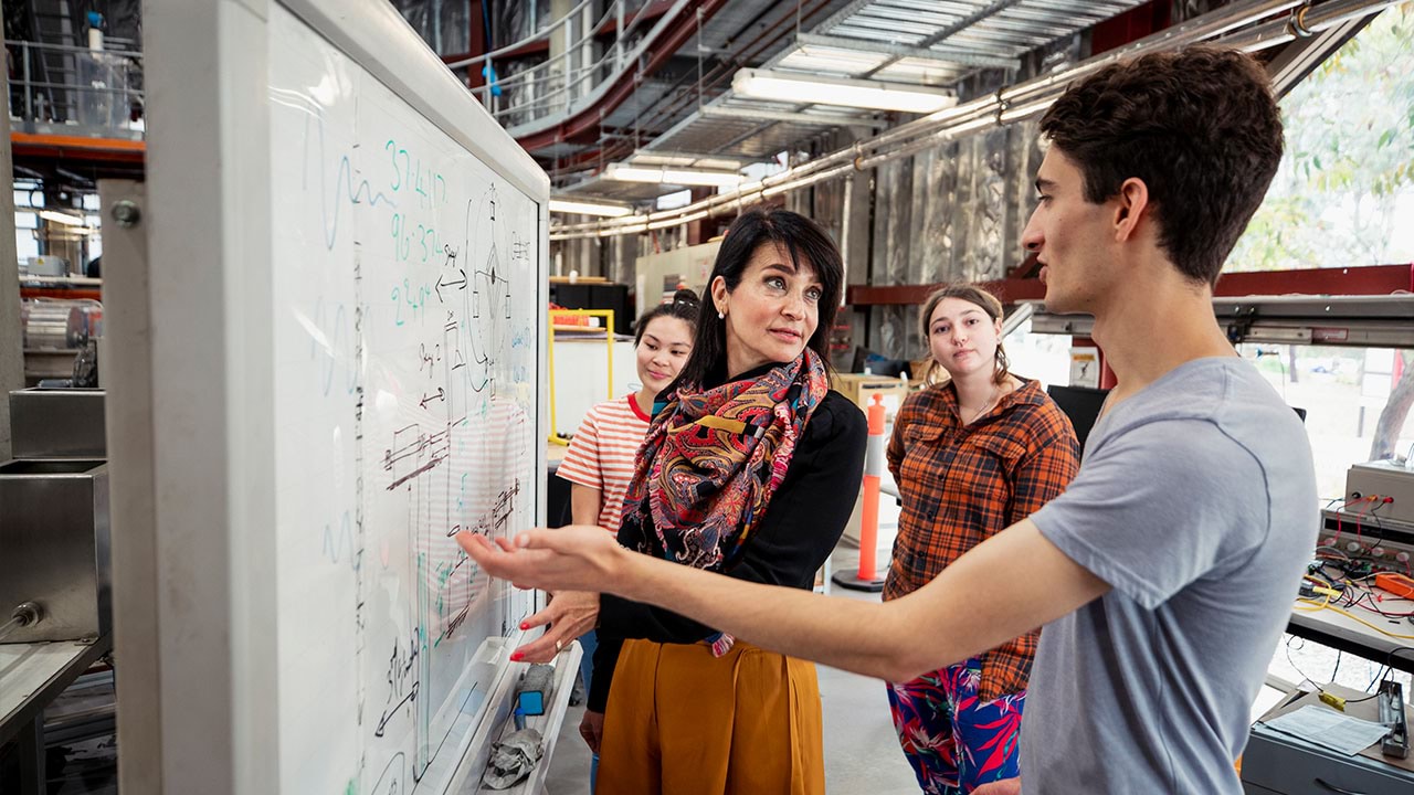 Group of people collaborating in front of a whiteboard