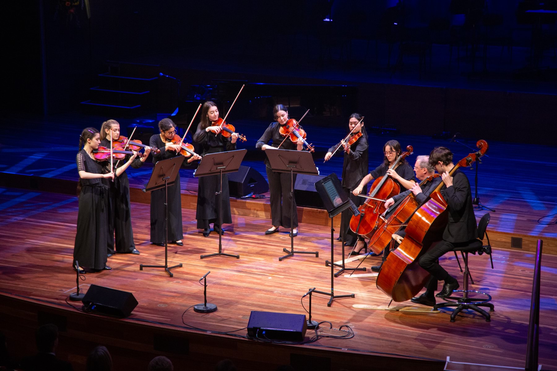 Nine musicians playing string instruments wearing black on a stage