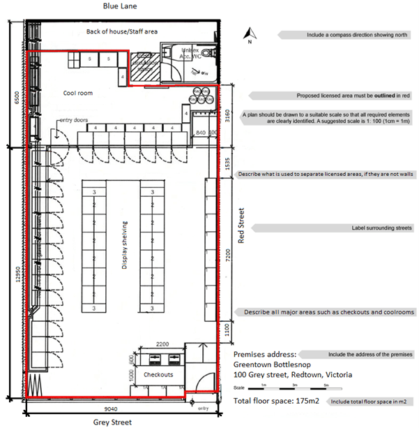 A drawing in black of the layout of the shop venue with pictures showing bathrooms, shelving and entry and exists. The shop floor, registers and cool room are outlined in red. The toilets and back of house area is not included in the red line.  The address, a scale and a compass point north have been included.