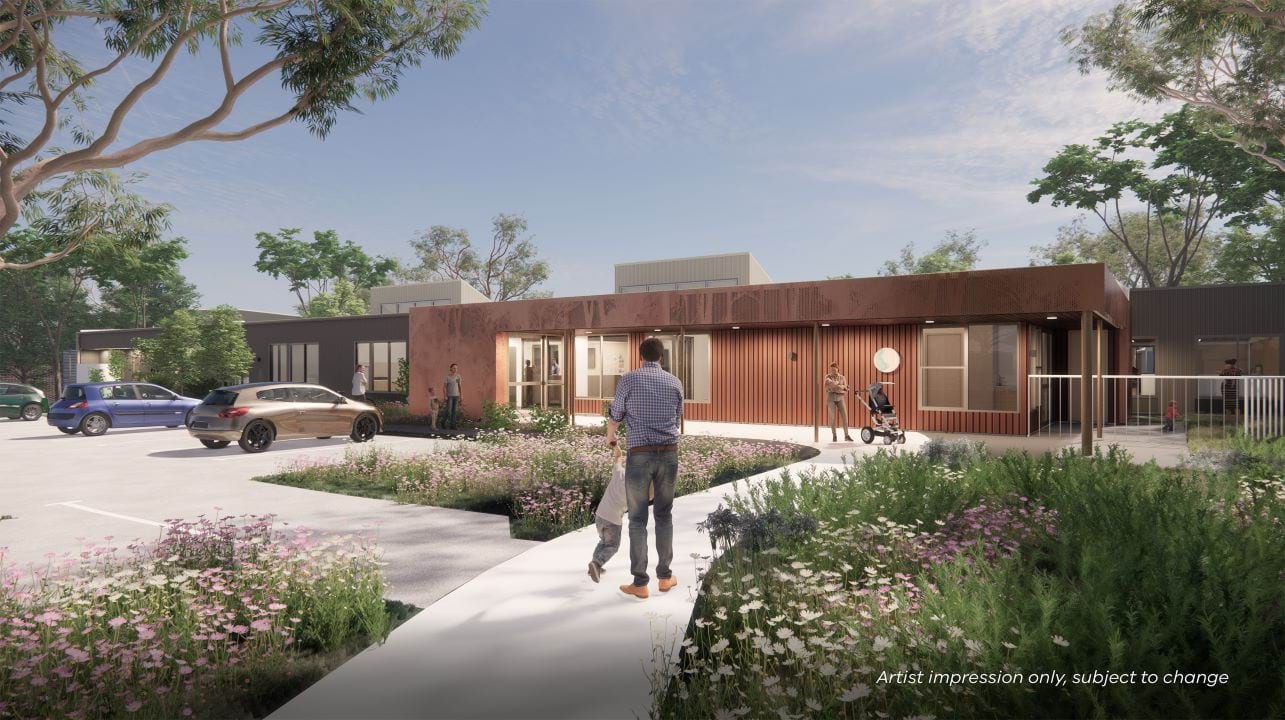 An architectural render showing an external view of the Early Learning and Childcare Centre. It's a low-set, modern-style building surrounded by gardens and trees.