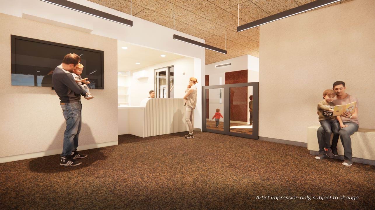 An architectural render showing the reception area of the centre at Murtoa College