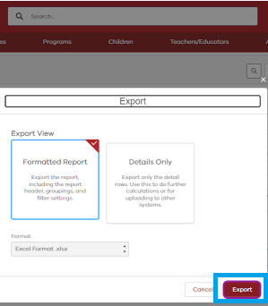 Screenshot showing the 'Export' tab to confirm the exporting of the 'User-management - Users' report from KIMS