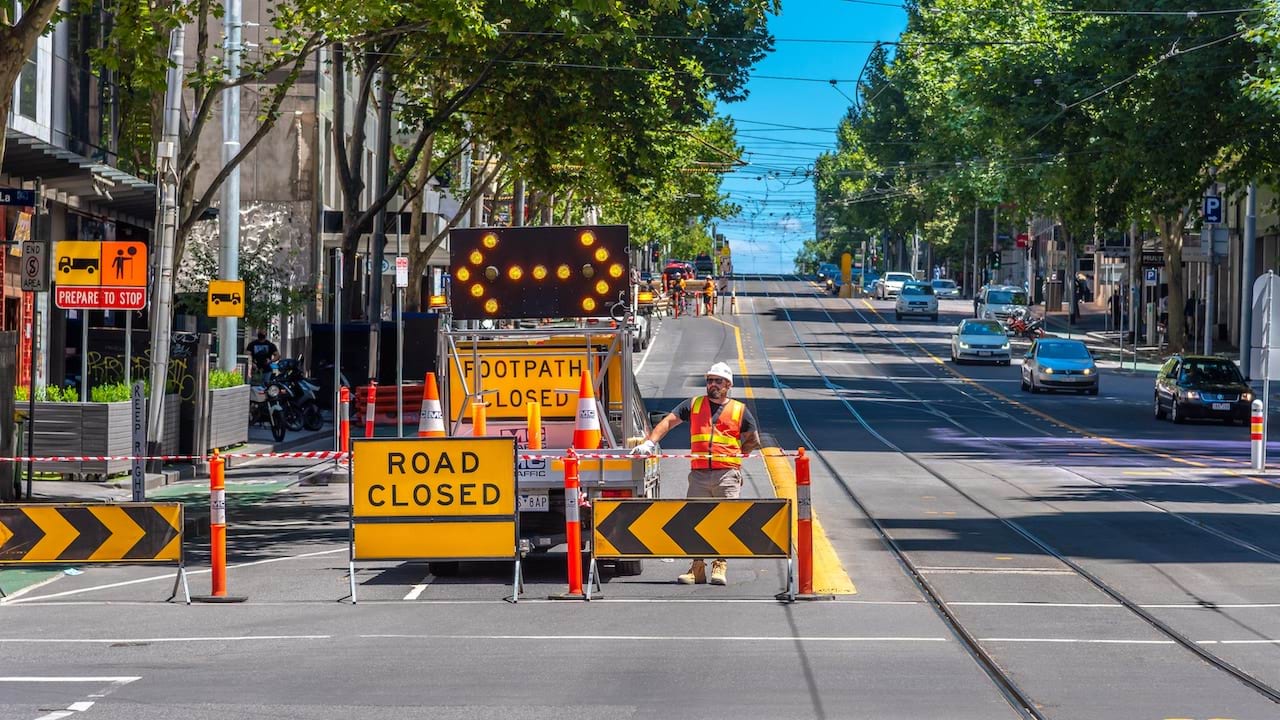 Road closed signage on a Melbourne city street