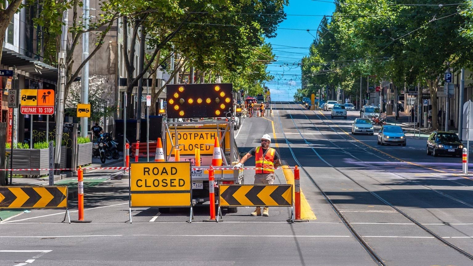 Road closed signage on a Melbourne city street