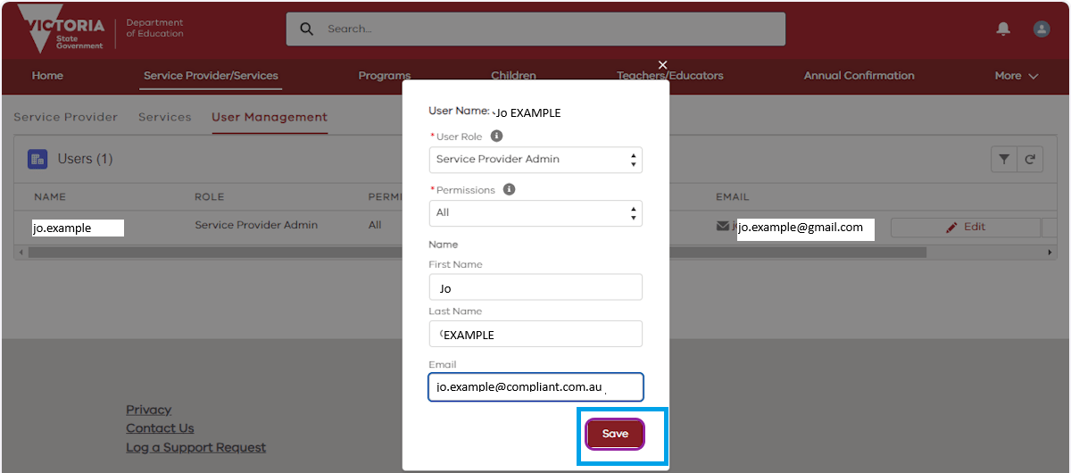 A screenshot of a KIMS 'User Name' box which shows where to delete the non-compliant email address, add in the new email address and click the 'Save' tab, as described in the step above.