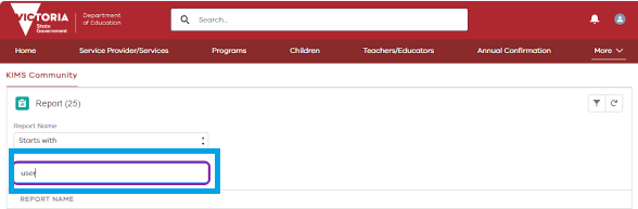 As described in the step above, a screenshot of the word 'user' written into the KIMS 'Reports' name search function 