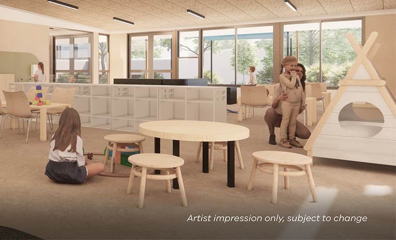 An artist impression of a woman and 2 children in an early learning centre.