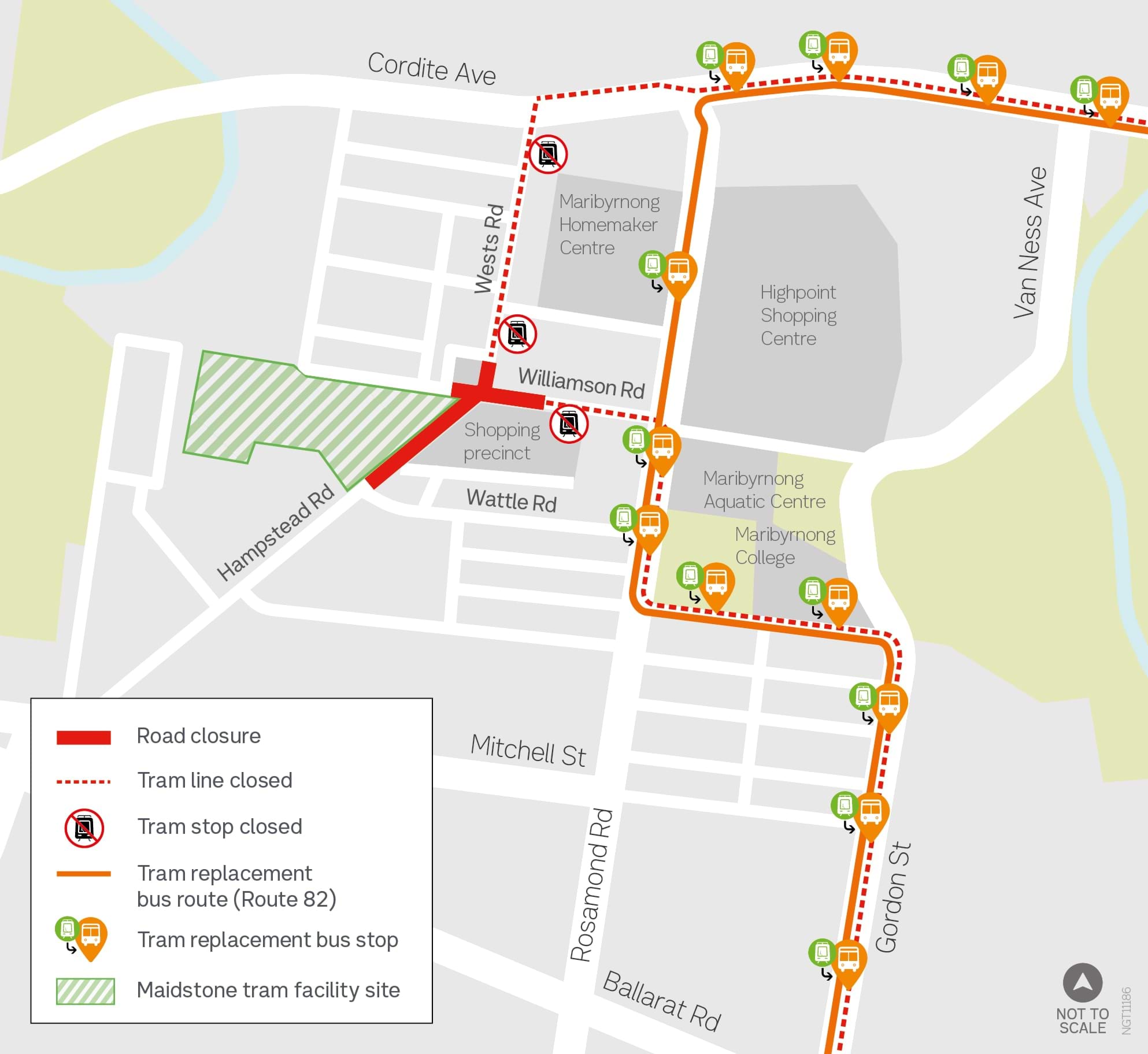 Image of map showing replacement buses detour via Rosamond Road