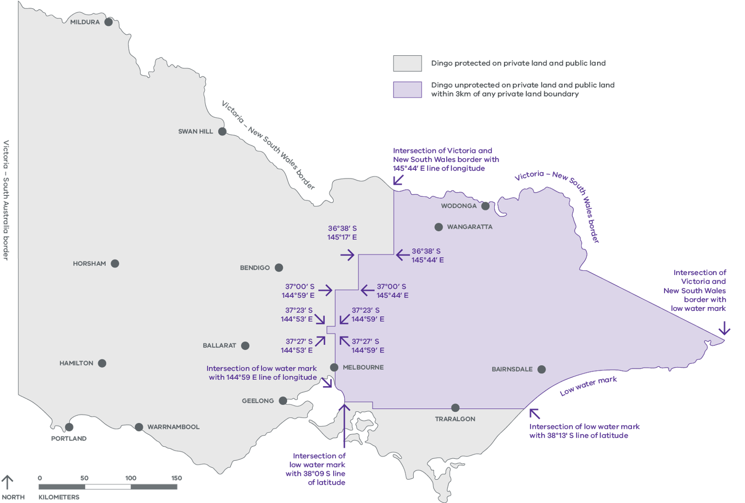 Grey map of Victoria. Purple section highlights where in the state dingoes are not protected.