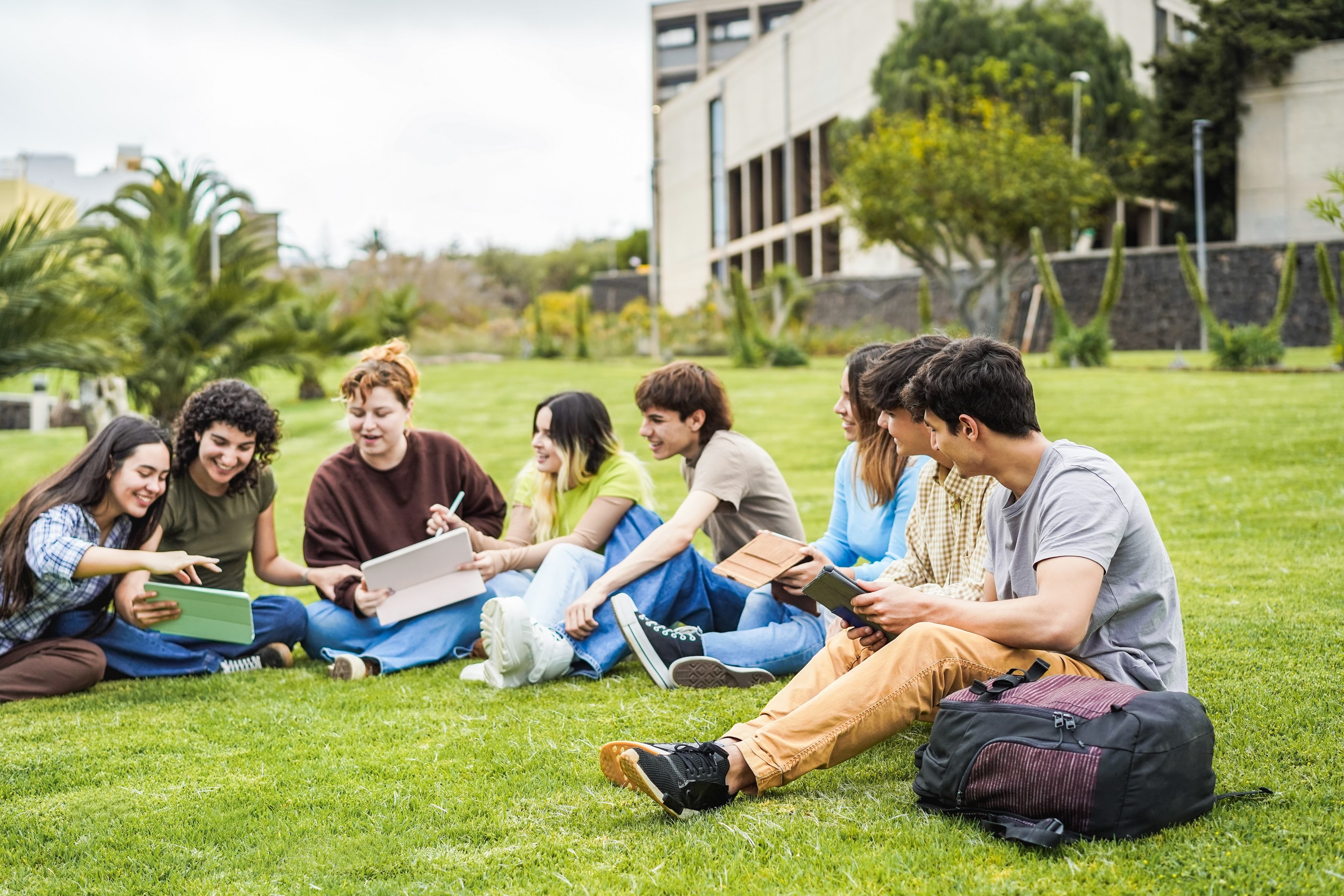 A group of students sitting on grass studying. 