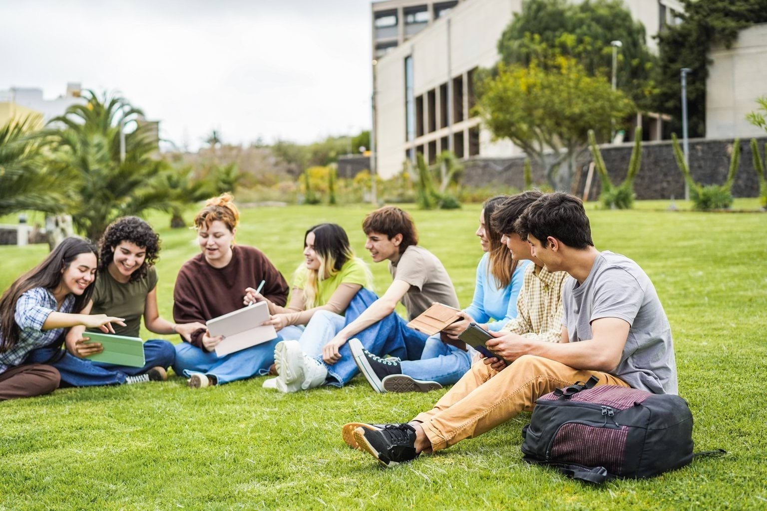 A group of students sitting on grass studying.