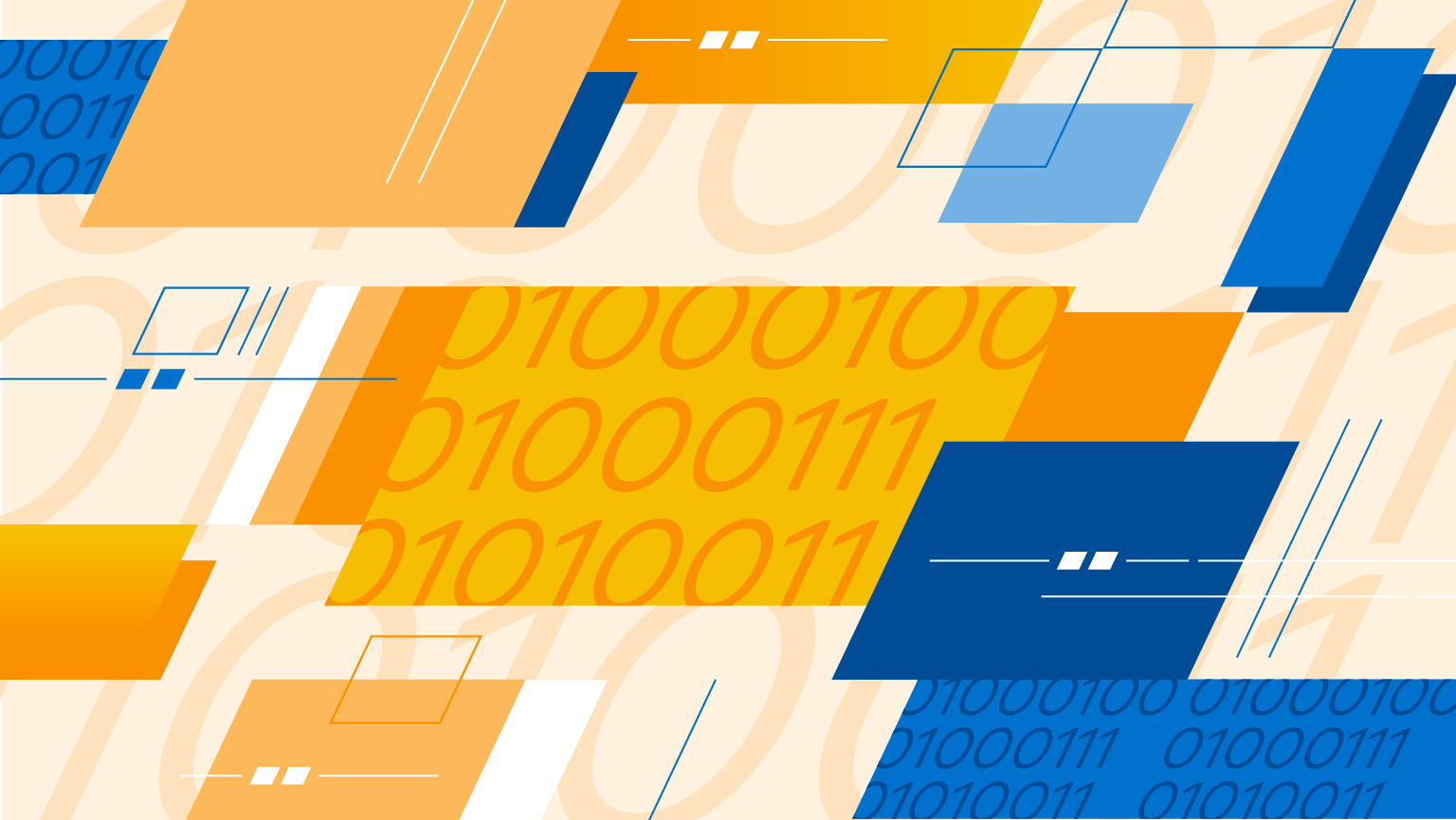 Blue, orange and yellow square motif with binary code