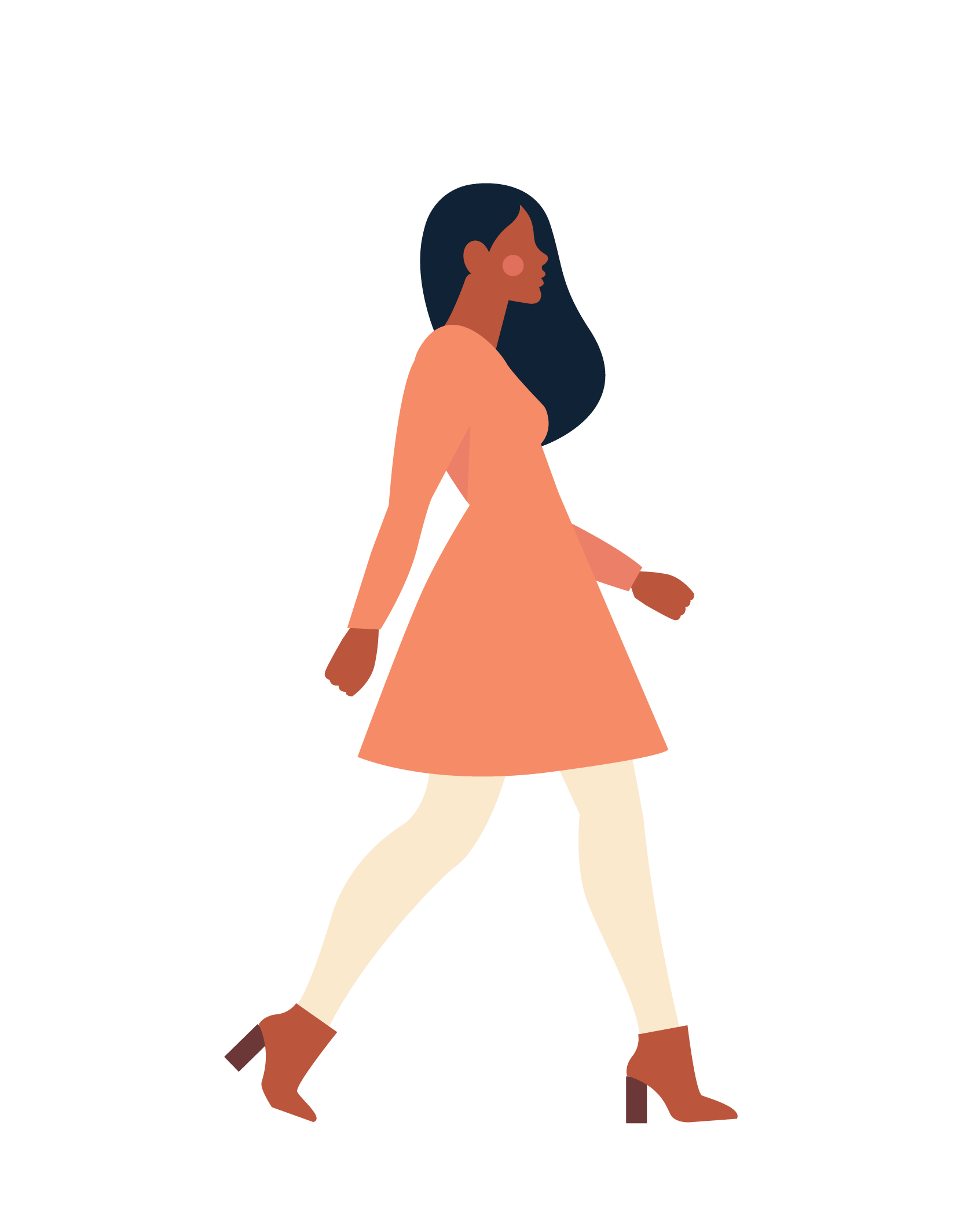 Illustration of a woman with black hair, orange dress and cream-coloured tights walks defiantly forward