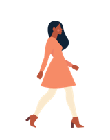 Illustration of a woman with black hair, orange dress and cream-coloured tights walks defiantly forward