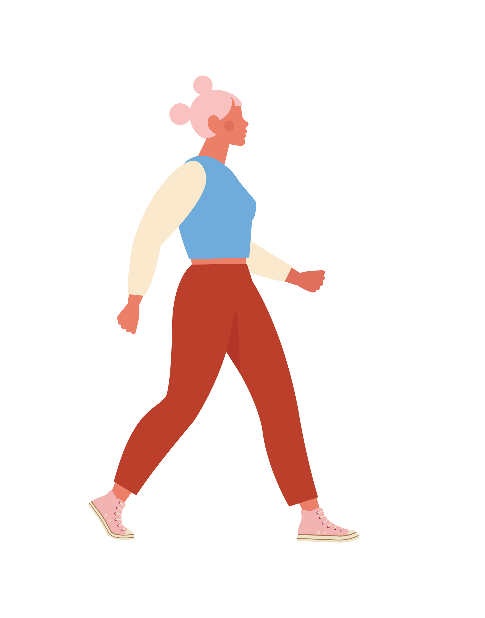 illustration of a woman wearing red pants, blue bomber jacket, pink high-top shoes and pink hair marches forward defiantly