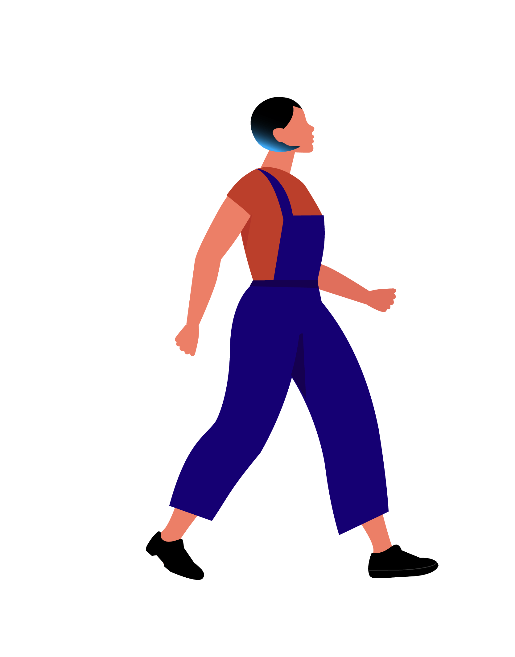 Illustration of woman in blue overalls, black shoes and an orange shirt marching on defiantly