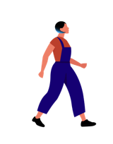 Illustration of woman in blue overalls, black shoes and an orange shirt marching on defiantly