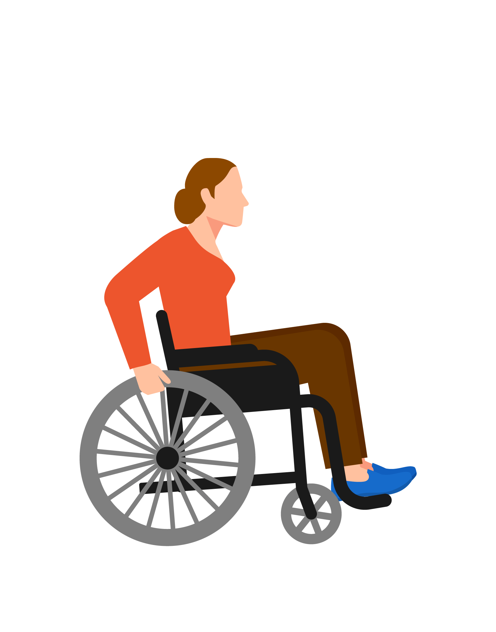 Illustration of a woman wearing blue shoes, brown pants and an orange long-sleeve top defiantly pushes herself forward in a wheelchair