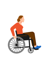 Illustration of a woman wearing blue shoes, brown pants and an orange long-sleeve top defiantly pushes herself forward in a wheelchair