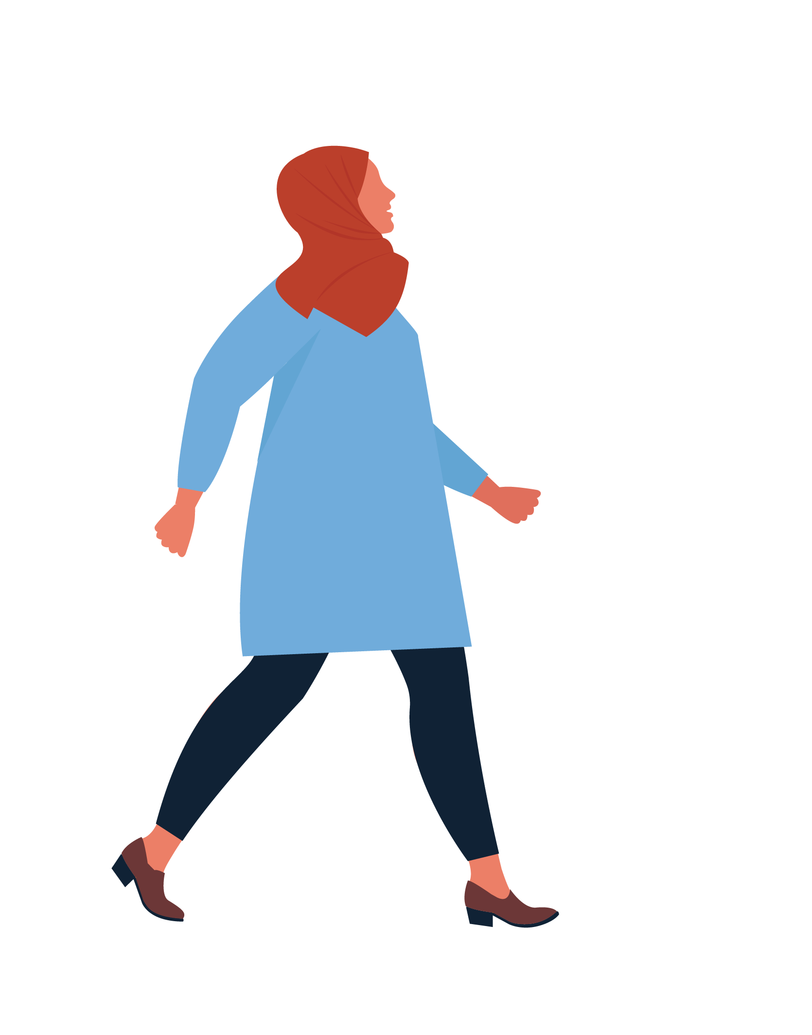 Illustration of a woman wearing black tights, blue dress and a headscarf marches defiantly forward