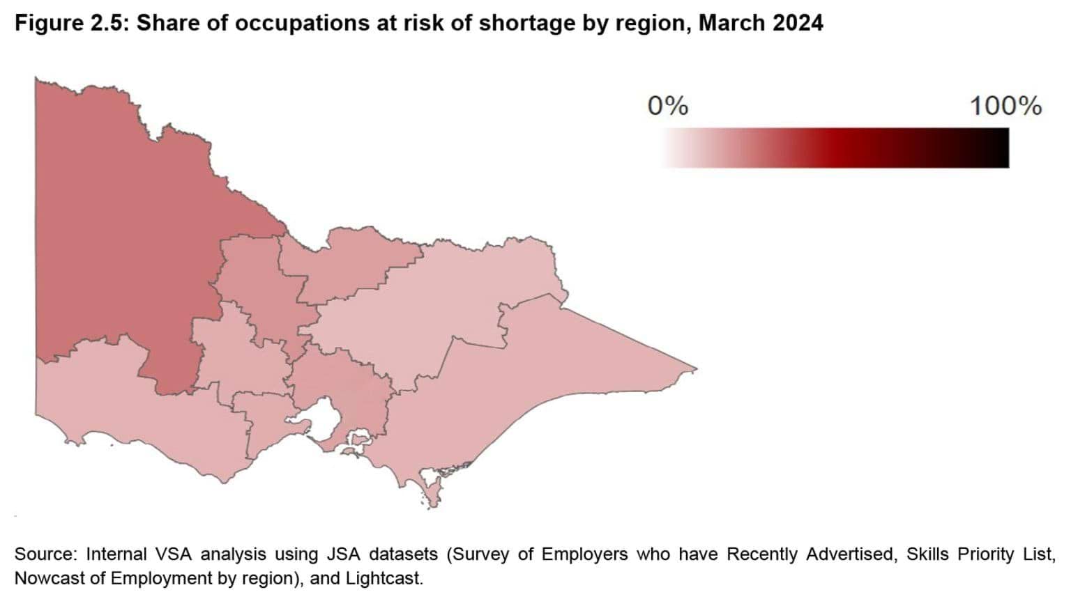 State of the Victorian Labour Market 2024 - Figure 2.5: Share of occupations at risk of shortage by region, March 2024