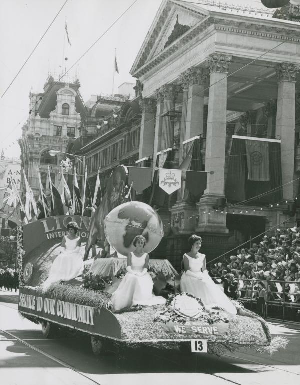 The Lions 'Service to our Community' float from the 1966 Moomba Parade. (Public Record Office Victoria image citation: VPRS 8357 P1 Unit 7 Item 4/33).