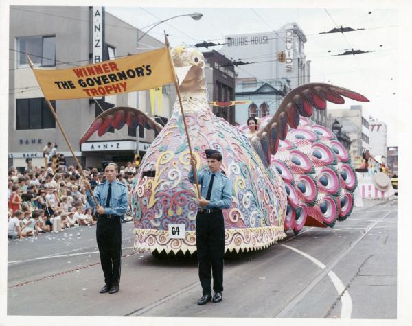 This float was the winner of the Governor's Trophy in 1967. The vibrant colours and intricate design were a signature of the Moomba street parade. Public Record Office Victoria image citation: VPRS 8357 P1 Unit 7 Item 4/18).