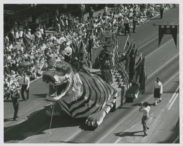 Photographers beware — a tiger is on the loose! An impressive and ferocious addition to the parade. (Public Record Office Victoria image citation: 8357 P1 Unit 17 Item 4/31).